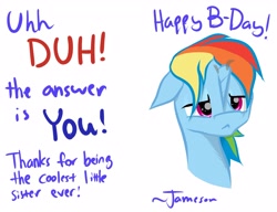 Size: 3325x2555 | Tagged: safe, artist:sharpieboss, imported from derpibooru, rainbow dash, alicorn, pony, alicornified, birthday card, fake horn, female, g4, happy birthday, mare, race swap, rainbowcorn, simple background, solo, white background