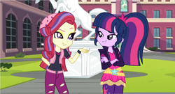 Size: 1518x820 | Tagged: safe, artist:elementalalchemist03, artist:sunsetshimmer1987, imported from derpibooru, moondancer, twilight sparkle, equestria girls, alternate universe, base used, beanie, clothes, clothes swap, equestria girls-ified, female, hat, skirt