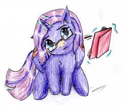 Size: 1696x1472 | Tagged: safe, artist:40kponyguy, derpibooru exclusive, imported from derpibooru, oc, oc only, oc:empathy, pony, unicorn, both cutie marks, clipboard, glasses, levitation, looking at you, looking up, magic, requested art, simple background, solo, telekinesis, traditional art, white background