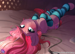 Size: 1802x1313 | Tagged: safe, artist:sugarlesspaints, imported from derpibooru, oc, oc only, oc:shampoo, pony, unicorn, bed, clothes, cute, female, leash, looking at you, mare, on back, on bed, socks, solo, stockings, striped socks, thigh highs