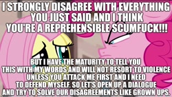 Size: 1600x900 | Tagged: safe, imported from derpibooru, fluttershy, pinkie pie, drama, image macro, meme, mouthpiece, text, vulgar