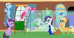 Size: 5400x2786 | Tagged: safe, artist:sb1991, imported from derpibooru, applejack, fluttershy, pinkie pie, rainbow dash, rarity, twilight sparkle, alicorn, fish, pony, apple, apple core, aquarium, blanket, cave, chalk, chalkboard, clownfish, coral, fluttershy's cottage, fluttershy's cottage (interior), food, ladder, mane six, sea anemone, stopwatch, story included, twilight sparkle (alicorn), underwater, watershy