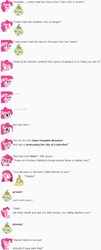 Size: 606x1507 | Tagged: safe, artist:dziadek1990, imported from derpibooru, pinkie pie, pumpkin cake, pony, annoyed, conversation, dialogue, emote story, emotes, eww, feeding, in the eye, let's fly to the castle, monster, ouch, pretend, reddit, regret, roleplaying, slice of life, spinach, spitting, stubborn, text