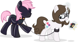 Size: 1208x662 | Tagged: safe, artist:nxzc88, imported from derpibooru, oc, oc only, oc:cid, oc:pyrisa miracles, pony, bodysuit, bondage, collar, ear plugs, encasement, glasses, glowing horn, latex, latex suit, leash, levitation, magic, remote control, sensory deprivation, simple background, telekinesis, transparent background