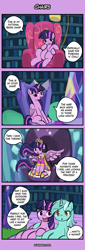 Size: 400x1180 | Tagged: safe, artist:lumineko, imported from derpibooru, lyra heartstrings, twilight sparkle, alicorn, pony, unicorn, triple threat, 4koma, :o, chair, comic, dialogue, duo, looking at you, meme, open mouth, sitting, sitting lyra, smiling, spread wings, that pony sure does love chairs, twilight sparkle (alicorn), wings