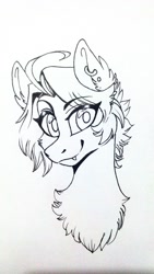 Size: 1717x3052 | Tagged: safe, artist:angexci, imported from derpibooru, oc, oc only, pony, bust, ear piercing, earring, grayscale, jewelry, looking at you, monochrome, piercing, smiling, solo