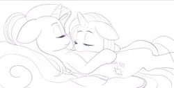 Size: 1438x730 | Tagged: safe, alternate version, artist:grissaecrim, artist:raikoh, imported from derpibooru, starlight glimmer, trixie, pony, unicorn, cuddling, cute, diatrixes, female, floppy ears, glimmerbetes, lesbian, mare, monochrome, shipping, sleeping, startrix