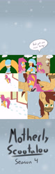 Size: 2353x7452 | Tagged: safe, artist:jake heritagu, imported from derpibooru, scootaloo, oc, oc:high rise, oc:lightning blitz, oc:sandy hooves, earth pony, pegasus, pony, comic:ask motherly scootaloo, baby, baby carrier, baby pony, clothes, colt, comic, dialogue, female, hairpin, hat, holding a pony, male, mare, mother and son, motherly scootaloo, offspring, older, older scootaloo, parent:rain catcher, parent:scootaloo, parents:catcherloo, scarf, snow, speech bubble, stallion, stubble, sweater