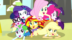 Size: 1920x1080 | Tagged: safe, imported from derpibooru, screencap, applejack, fluttershy, pinkie pie, rainbow dash, rarity, sunset shimmer, twilight sparkle, epic fails (equestria girls), eqg summertime shorts, equestria girls, boots, female, shoes
