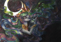 Size: 3471x2418 | Tagged: safe, artist:wopphank, imported from derpibooru, nightmare moon, princess celestia, princess luna, alicorn, pony, colored pencil drawing, crying, duo, moon, russian, sad, traditional art
