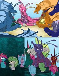 Size: 2550x3300 | Tagged: safe, artist:feroxultrus, imported from derpibooru, oc, oc only, hippocampus, merpony, siren, beach, cloven hooves, family, fangs, father, fear, female, fins, foal, gem, laughing, male, mother and daughter, mother and son, ocean, scared, siren oc