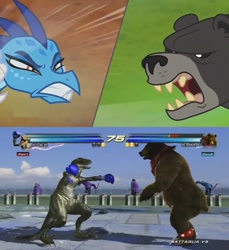Size: 851x928 | Tagged: safe, imported from derpibooru, princess ember, thorax, bear, dinosaur, dragon, triple threat, alex (tekken), bear thorax, comparison, disguise, disguised changeling, fight, kuma (tekken), meme, tekken, tekken tag tournament 2, video game, wat