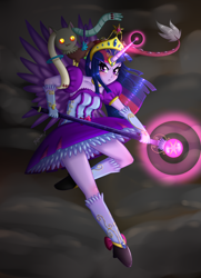Size: 1300x1800 | Tagged: safe, artist:leffenkitty, imported from derpibooru, discord, twilight sparkle, human, anime, clothes, crossover, dress, element of magic, horned humanization, humanized, magical girl, pony coloring, puella magi madoka magica