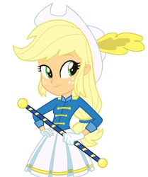Size: 816x978 | Tagged: safe, artist:haleyc4629, artist:mewtwo-ex, imported from derpibooru, applejack, equestria girls, friendship games, adorable face, base used, baton, beautiful, beautiful eyes, beautiful hair, cheerleader, cheerleader outfit, clothes, colored pupils, cowboy hat, cowgirl, cute, drum major, eye lashes, eyelashes, feather, feather hat, female, freckles, gloves, green eyes, hand on hip, hands on hip, hat, jackabetes, pleated skirt, skirt, smiling, solo, stetson, uniform, woman, yellow hair