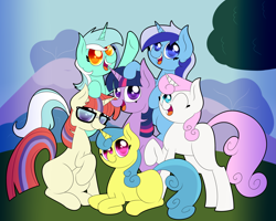 Size: 3657x2926 | Tagged: safe, artist:supercoco142, imported from derpibooru, lemon hearts, lyra heartstrings, minuette, moondancer, twilight sparkle, twinkleshine, pony, unicorn, canterlot six, group shot, mane six opening poses, missing cutie mark