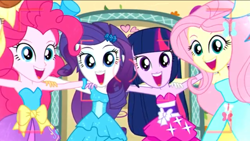 Size: 1136x640 | Tagged: safe, imported from derpibooru, screencap, fluttershy, pinkie pie, rainbow dash, rarity, twilight sparkle, a photo booth story, eqg summertime shorts, equestria girls, :d, clothes, cute, dress, faic, fall formal outfits, female, happy, looking at you, mane six, open mouth, photography, smiling, twilight ball dress