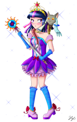 Size: 900x1425 | Tagged: safe, artist:leffenkitty, imported from derpibooru, discord, twilight sparkle, human, anime, clothes, crossover, dress, element of magic, humanized, magical girl, puella magi madoka magica