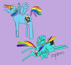 Size: 1200x1100 | Tagged: safe, artist:ladybugsawake, imported from derpibooru, rainbow dash, pegasus, pony, cool, female, flying, purple background, simple background, smiling, solo, spread wings, sunglasses, wings