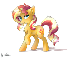 Size: 1707x1280 | Tagged: safe, artist:kaliner123, imported from derpibooru, sunset shimmer, pony, unicorn, chest fluff, ear fluff, female, mare, simple background, smiling, solo, white background