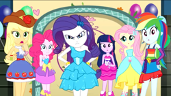 Size: 1136x640 | Tagged: safe, imported from derpibooru, screencap, applejack, fluttershy, pinkie pie, rainbow dash, rarity, twilight sparkle, a photo booth story, eqg summertime shorts, equestria girls, angry, arm behind back, balloon, boots, bracelet, clothes, fall formal outfits, female, flower, hat, jewelry, mane six, rose, shoes