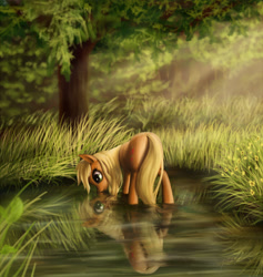 Size: 1600x1689 | Tagged: safe, artist:zetamad, imported from derpibooru, applejack, earth pony, pony, drinking, female, horses doing horse things, looking down, mare, missing accessory, nature, pond, reflection, scenery, solo, tree