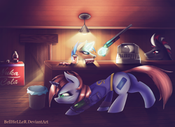 Size: 3000x2180 | Tagged: dead source, safe, artist:bellheller, imported from derpibooru, oc, oc only, oc:littlepip, earth pony, pony, unicorn, fallout equestria, butt, clothes, cutie mark, fallout, fanfic, fanfic art, female, glowing horn, gun, hand, hiding, hooves, horn, jumpsuit, levitation, magic, magic hands, male, mare, nuka cola, pipbuck, plot, scar, sneaking, soda, stallion, telekinesis, text, vault suit, weapon