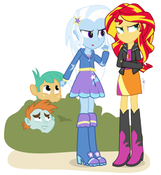 Size: 1200x1305 | Tagged: safe, artist:dm29, imported from derpibooru, snails, snips, sunset shimmer, trixie, equestria girls, bush, crossed arms, female, male, simple background, transparent background, trixie's fans, vector