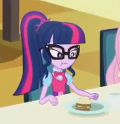 Size: 280x290 | Tagged: safe, imported from derpibooru, screencap, sci-twi, twilight sparkle, epic fails (equestria girls), eqg summertime shorts, equestria girls, cropped, eating, food, sandwich