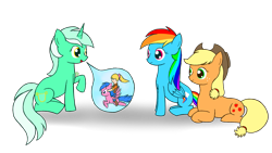 Size: 1777x1000 | Tagged: safe, artist:ekdeans, imported from derpibooru, applejack, firefly, lyra heartstrings, megan williams, rainbow dash, pony, rescue at midnight castle, g1, humans riding ponies, humie, riding, simple background, sitting, speech bubble, that pony sure does love humans, transparent background