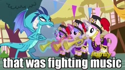 Size: 728x406 | Tagged: safe, edit, edited screencap, imported from derpibooru, screencap, princess ember, dragon, pony, triple threat, band, discovery family logo, fist, image macro, meme, menacing, musical instrument, ponyville, trumpet, unnamed character, unnamed pony