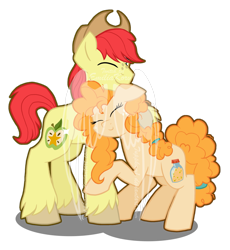 Size: 2133x2320 | Tagged: safe, artist:tuppkam1, imported from derpibooru, bright mac, pear butter, earth pony, pony, the perfect pear, brightbutter, cowboy hat, duo, eyes closed, female, hat, high res, hug, male, obtrusive watermark, shipping, simple background, smiling, straight, transparent background, watermark