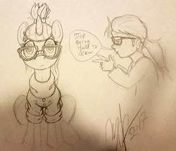 Size: 1303x1117 | Tagged: safe, artist:artponymdp, imported from derpibooru, moondancer, human, pony, glasses, human ponidox, humanized, monochrome, ponytail, self ponidox, sitting, sketch, traditional art