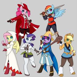 Size: 1024x1024 | Tagged: safe, artist:w00tnewt, imported from derpibooru, applejack, fluttershy, pinkie pie, rainbow dash, rarity, twilight sparkle, anthro, earth pony, pegasus, unguligrade anthro, unicorn, belly button, black mage, character class, clothes, cosplay, costume, fantasy class, female, fighter, final fantasy, mane six, midriff, monk, red mage, thief, warrior, white mage