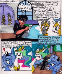 Size: 1394x1661 | Tagged: safe, artist:newyorkx3, imported from derpibooru, princess celestia, princess luna, oc, oc:tommy, human, comic:young days, car, comic, dialogue, question mark, royal guard, s1 luna, traditional art