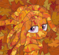 Size: 652x619 | Tagged: safe, artist:heartlyrosalie, imported from derpibooru, tree hugger, earth pony, pony, atg 2017, camouflage, female, leaves, mare, newbie artist training grounds, solo