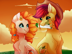 Size: 1024x769 | Tagged: dead source, safe, artist:hikariviny, imported from derpibooru, bright mac, pear butter, pony, the perfect pear, bouquet, brightbutter, cute, female, flower, flower in mouth, male, mouth hold, shipping, straight