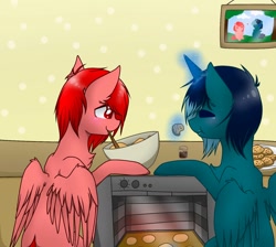 Size: 1464x1310 | Tagged: safe, artist:dollpone, artist:melpone, imported from derpibooru, oc, oc only, oc:dashy, oc:penpal, alicorn, pegasus, pony, alicorn oc, baking, batter, bowl, cookie, food, glowing horn, magic, mouth hold, spoon, telekinesis