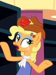 Size: 2048x2732 | Tagged: safe, artist:justsomepainter11, imported from derpibooru, applejack, earth pony, pony, eqg summertime shorts, equestria girls, make up shake up, simple ways, and then there's rarity, applejack is best facemaker, applejewel, cowboy hat, equestria girls ponified, female, hat, human pony applejack, lipstick, makeup, ponified, scene interpretation, show accurate, solo