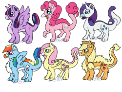 Size: 1024x768 | Tagged: safe, artist:usagi-zakura, imported from derpibooru, applejack, fluttershy, pinkie pie, rainbow dash, rarity, twilight sparkle, alicorn, dragon, feathered dragon, dragonified, dragonjack, flutterdragon, mane six, my little dragon, my little x, pinkiedragon, rainbow dragon, raridragon, species swap, twilidragon, twilight sparkle (alicorn)
