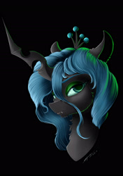 Size: 1900x2700 | Tagged: safe, artist:skitsniga, artist:skitsroom, imported from derpibooru, queen chrysalis, changeling, changeling queen, black background, crown, fangs, female, jewelry, looking at you, regalia, simple background, solo