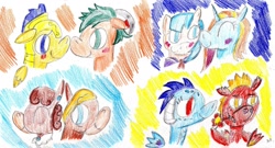 Size: 1402x757 | Tagged: safe, artist:ptitemouette, imported from derpibooru, coco pommel, cranky doodle donkey, flash sentry, garble, matilda, princess ember, sassy saddles, timber spruce, dragon, cocosaddles, crankilda, emble, female, gay, lesbian, male, shipping, straight, timberflash, traditional art