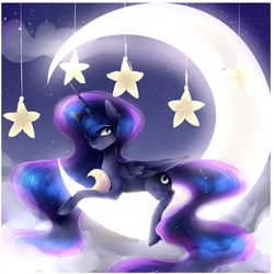 Size: 2000x2000 | Tagged: safe, artist:nutellaakanutella, imported from derpibooru, princess luna, alicorn, pony, cloud, crescent moon, female, hair over one eye, looking at you, mare, missing accessory, mobile, moon, night, prone, solo, stars, tangible heavenly object
