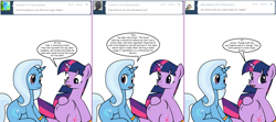 Size: 1808x800 | Tagged: safe, artist:dekomaru, imported from derpibooru, trixie, twilight sparkle, pony, tumblr:ask twixie, ask, belly button, female, lesbian, pregnant, shipping, sitting, tumblr, twixie