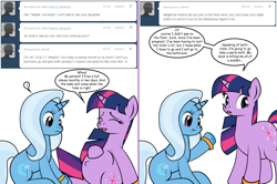 Size: 1204x800 | Tagged: safe, artist:dekomaru, imported from derpibooru, trixie, twilight sparkle, pony, tumblr:ask twixie, ask, belly button, female, lesbian, pregnant, shipping, sitting, tumblr, twixie, water breaking, wet