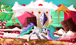 Size: 5000x3000 | Tagged: safe, artist:shogundun, imported from derpibooru, princess celestia, alicorn, pony, cake, cakelestia, cute, cutelestia, female, food, fork, glowing horn, magic, mare, solo