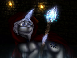 Size: 4000x3000 | Tagged: safe, artist:czywko, imported from derpibooru, oc, oc only, oc:sollan, pony, unicorn, beard, blue eyes, brick wall, cape, clothes, darkness, detailed, facial hair, fire, glowing horn, hood, mage, magic, male, ponified, solo, staff, stallion, torch, white mane, wizard