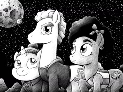 Size: 1280x962 | Tagged: safe, artist:drakefenwick, imported from derpibooru, doctor whooves, time turner, earth pony, pony, unicorn, bill potts, black and white, doctor who, eyebrows, grayscale, matt lucas, monochrome, moon, nardole, night, night sky, pearl mackie, peter capaldi, ponified, sky, twelfth doctor