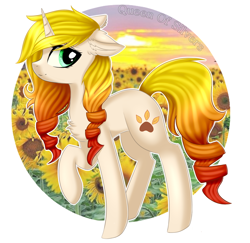 Size: 1024x995 | Tagged: safe, artist:queenofsilvers, imported from derpibooru, oc, oc only, oc:sunshine blossom, pony, unicorn, female, floppy ears, flower, mare, paw prints, raised hoof, smiling, solo, sunflower