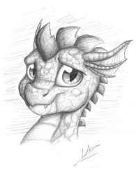 Size: 1024x1313 | Tagged: safe, artist:lupiarts, imported from derpibooru, spike, dragon, fangs, looking at you, male, monochrome, sketch, smiling, solo, traditional art