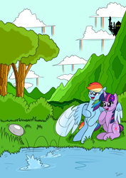 Size: 2480x3507 | Tagged: safe, artist:twidasher, imported from derpibooru, rainbow dash, twilight sparkle, pegasus, pony, unicorn, canterlot, duo, female, flower, flower in hair, hug, lake, lesbian, mountain, scenery, shipping, skipping stones, tree, twidash, unicorn twilight, winghug